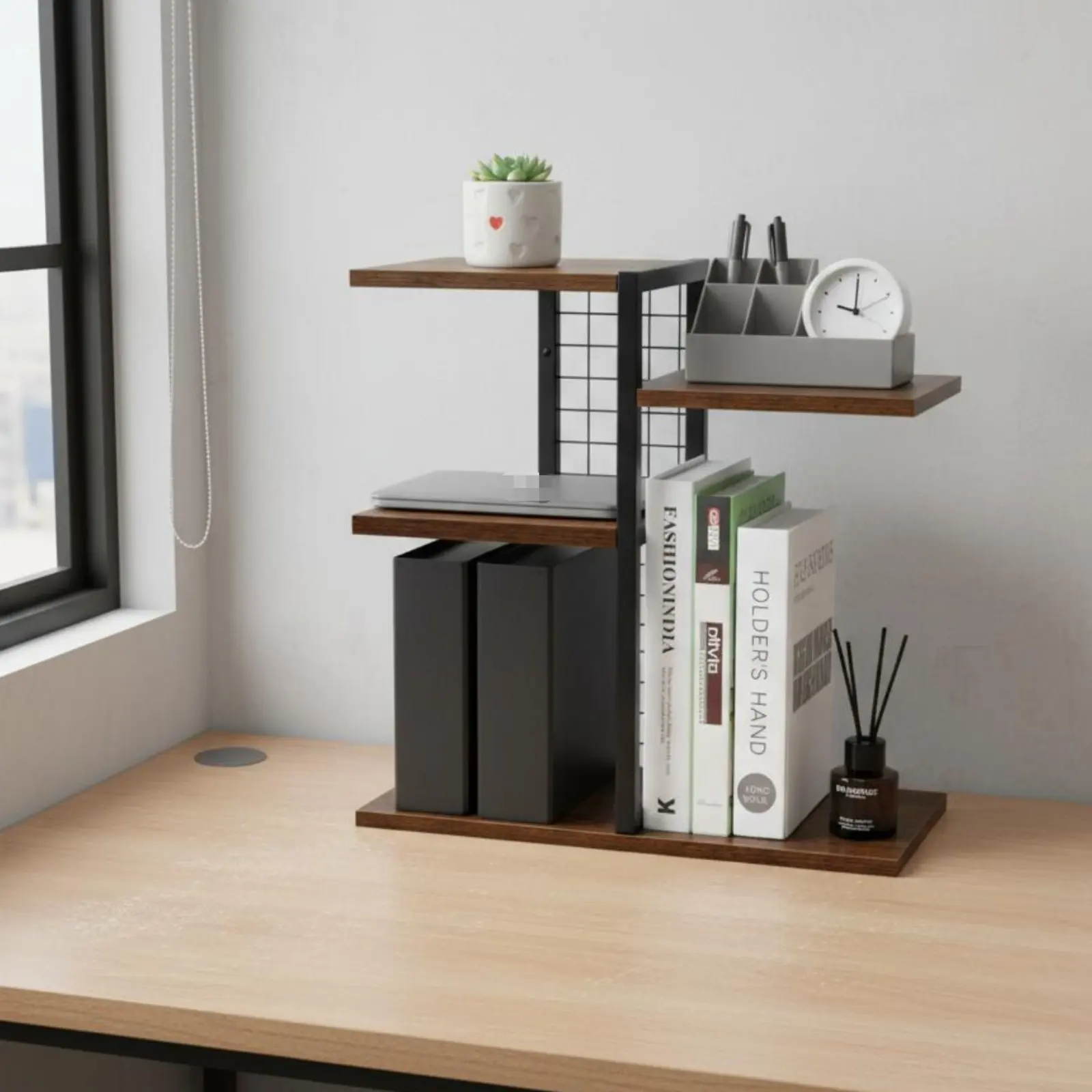 Desktop Display Organizer Rack Space-Saving Wooden Desktop Shelf Vertical Storage Rack Multi-Tier Table Display Stand for Office