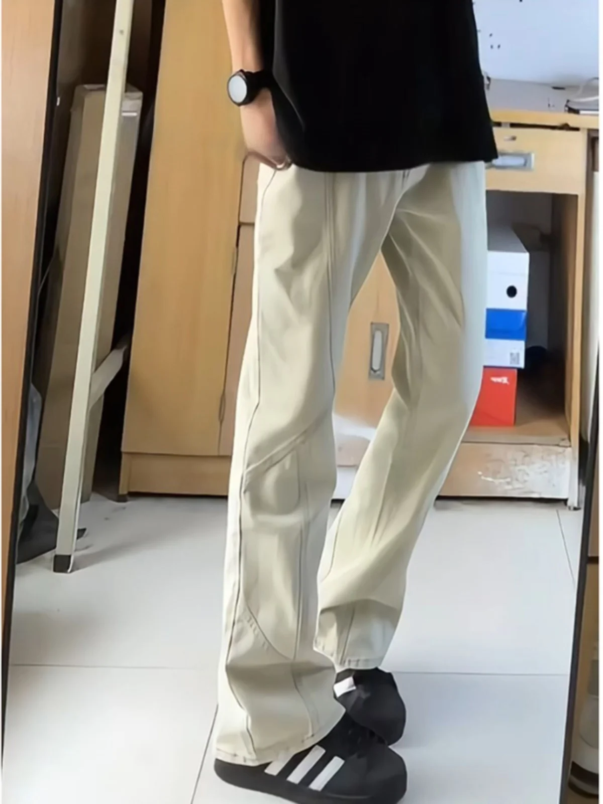 

American Style Spliced Denim Jeans Men's Summer High Street Vibe Yellow Mud Color Straight Leggings Slimming Micro Flared