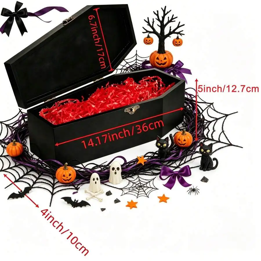 Storage Box With Hinged Lid - Black Wooden Coffin-Shaped Container For Christmas Decorations, Winter Basket Tabletop Decor, Chri
