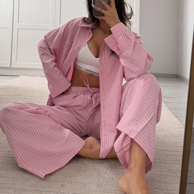 

2pcs Set Women's Striped Loungewear Set - Long Sleeve Shirt & Wide-Leg Pants Comfortable Loose Casual Pajamas Sleepwear