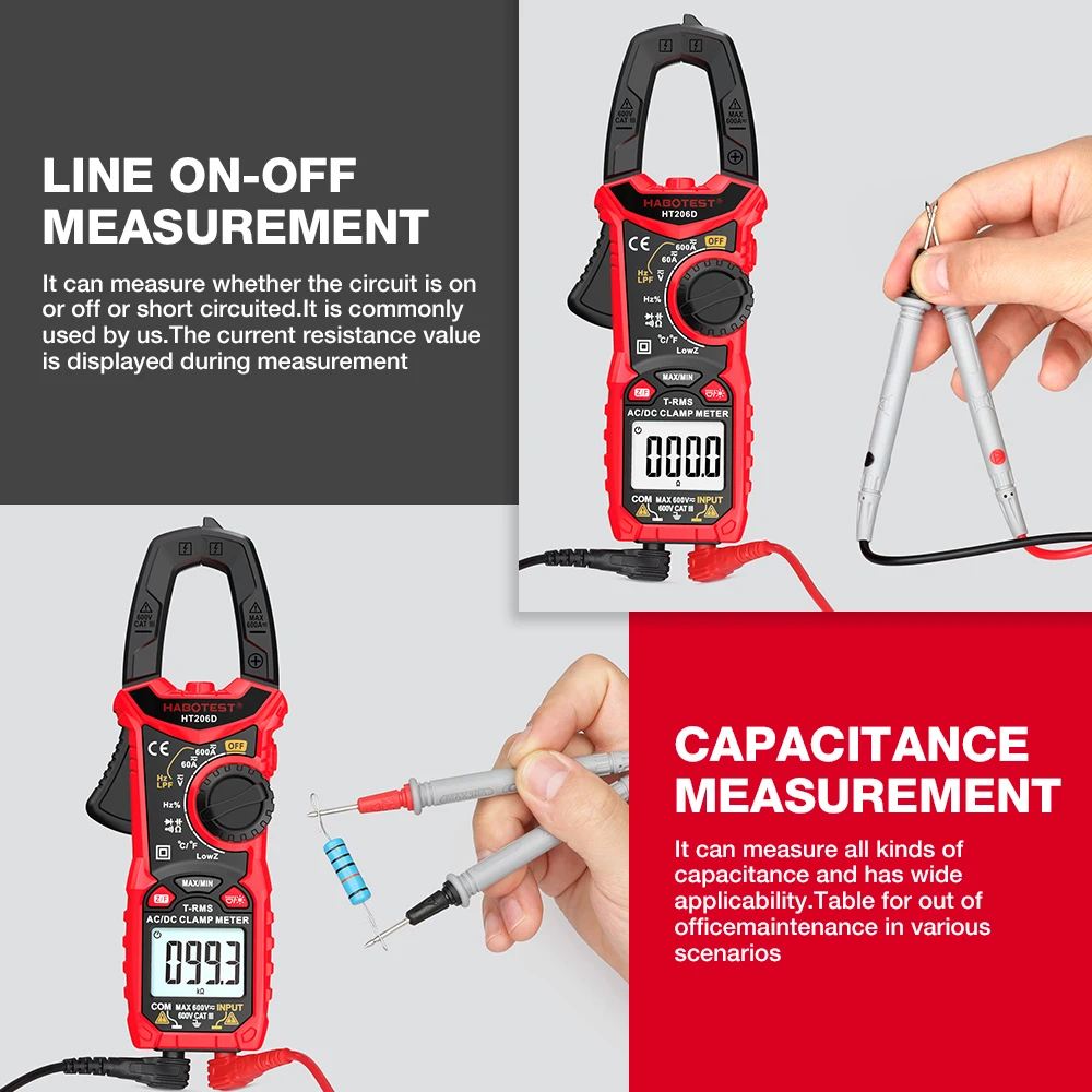 HT206D 600A AC DC Digital Clamp Meter Multimeter 6000 Counts True RMS Auto-ranging Current Voltage Temp Capacitance NCV Tester