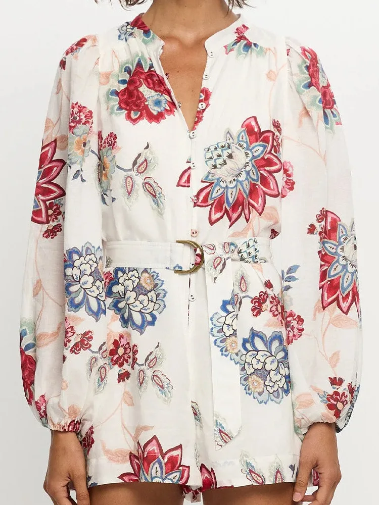 

2025 Elegant Lace-Up Linen Cardigan Shirt Jumpsuit