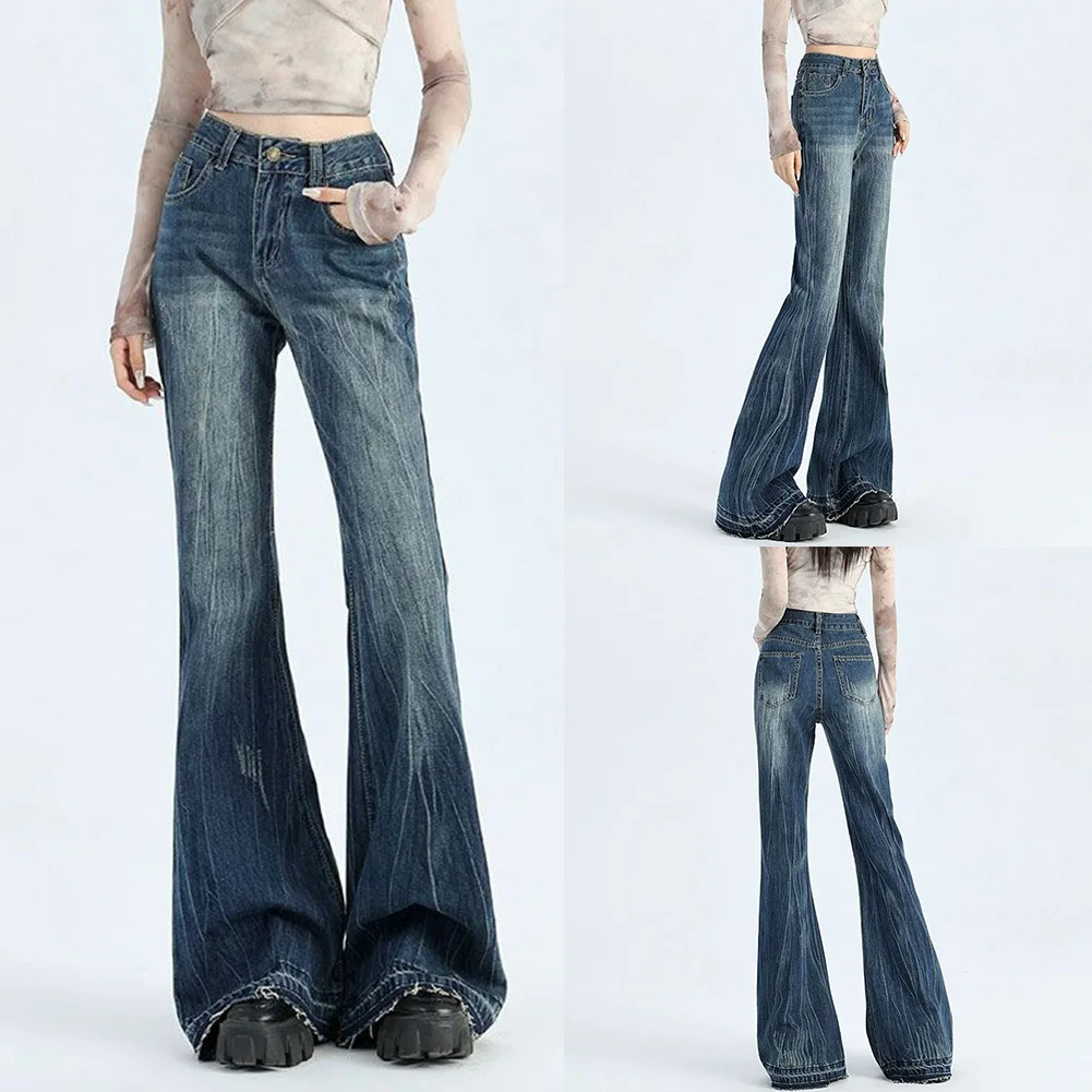 カジュアルお出かけブルーフレアパンツ快適なハイウエストパンツ快適なズボンロング丈パンツわずかにフレアカット