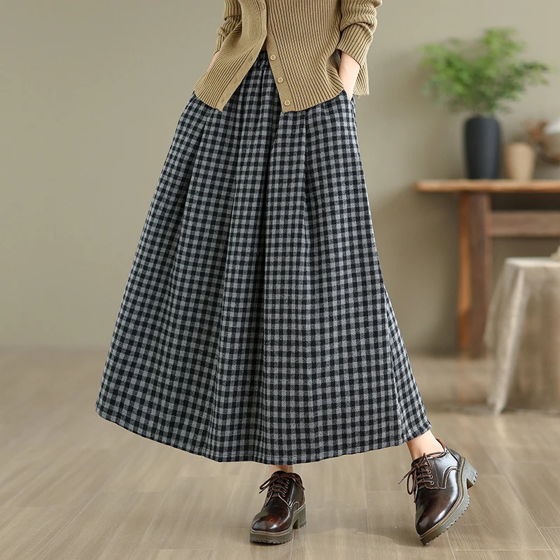 Retro Autumn Winter Plaid Woolen Skirt High Waist Women's Casual Forest System Double Pocket Button Skirt Commute Style Long ...