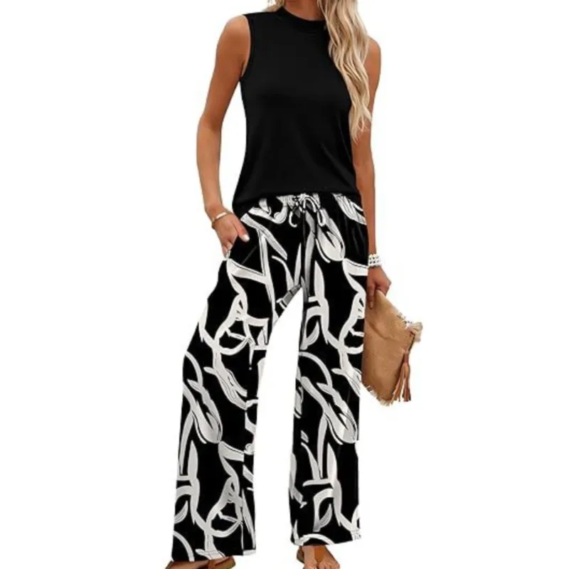 

Sexy Sleeveless Top+straight Leg Pants Women's Two-piece Set Summer Fashion Solid Color Top Pants Suit Lady Casual Office Outfit