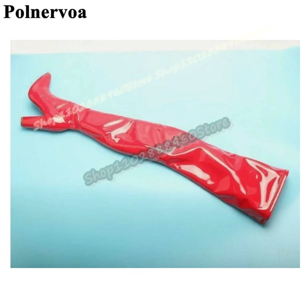 

Sexy Thigh High Soft Red Patent Leather Pointy Boots Chunky High Heel Women Shoes Side Zipper Pointed Toe Casual Trendy Boots