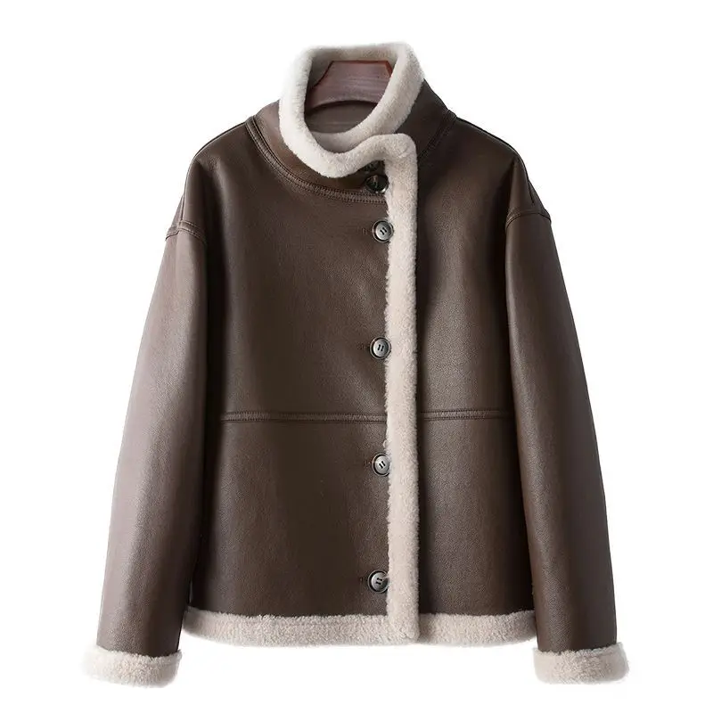 

In Stock 2025 Autumn and Winter New Ecological Leather Lining Sheep Shearing Coat Women's Maillard 100% Wool Fur Jacket
