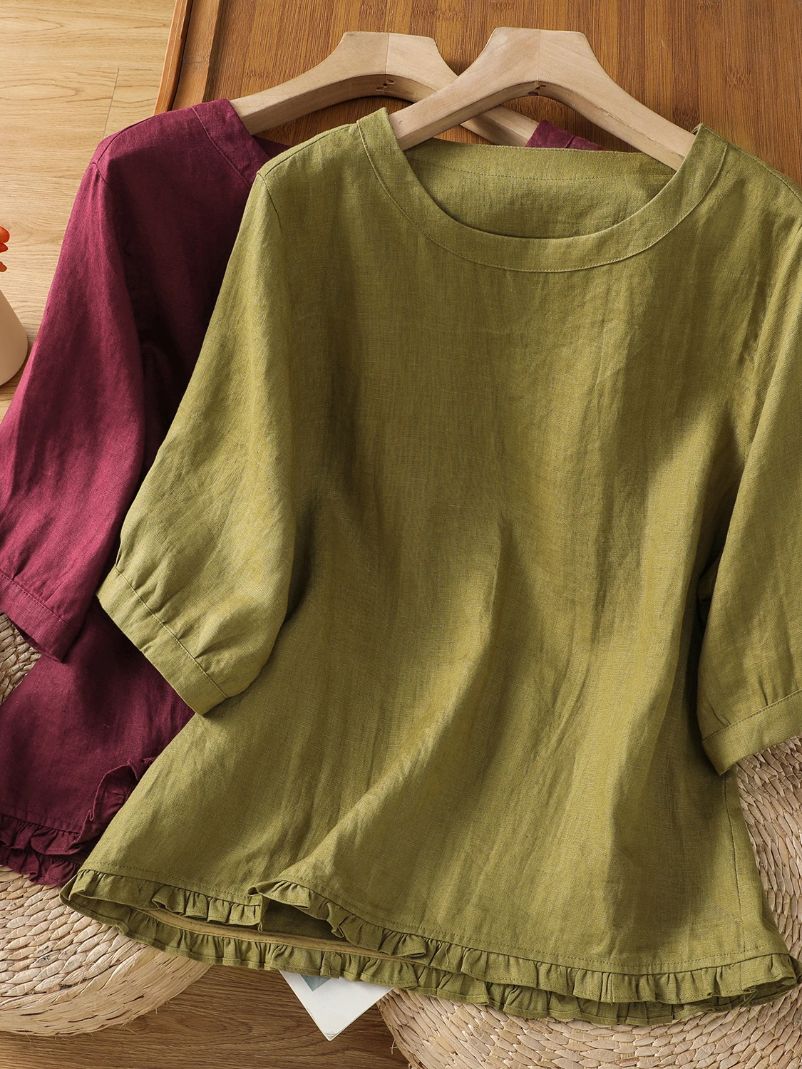 

Casual Cotton Linen T-irt round Ne ort Sve Splicing Design Large Size Women's Top Artistic Sle Five-Quarter Sve