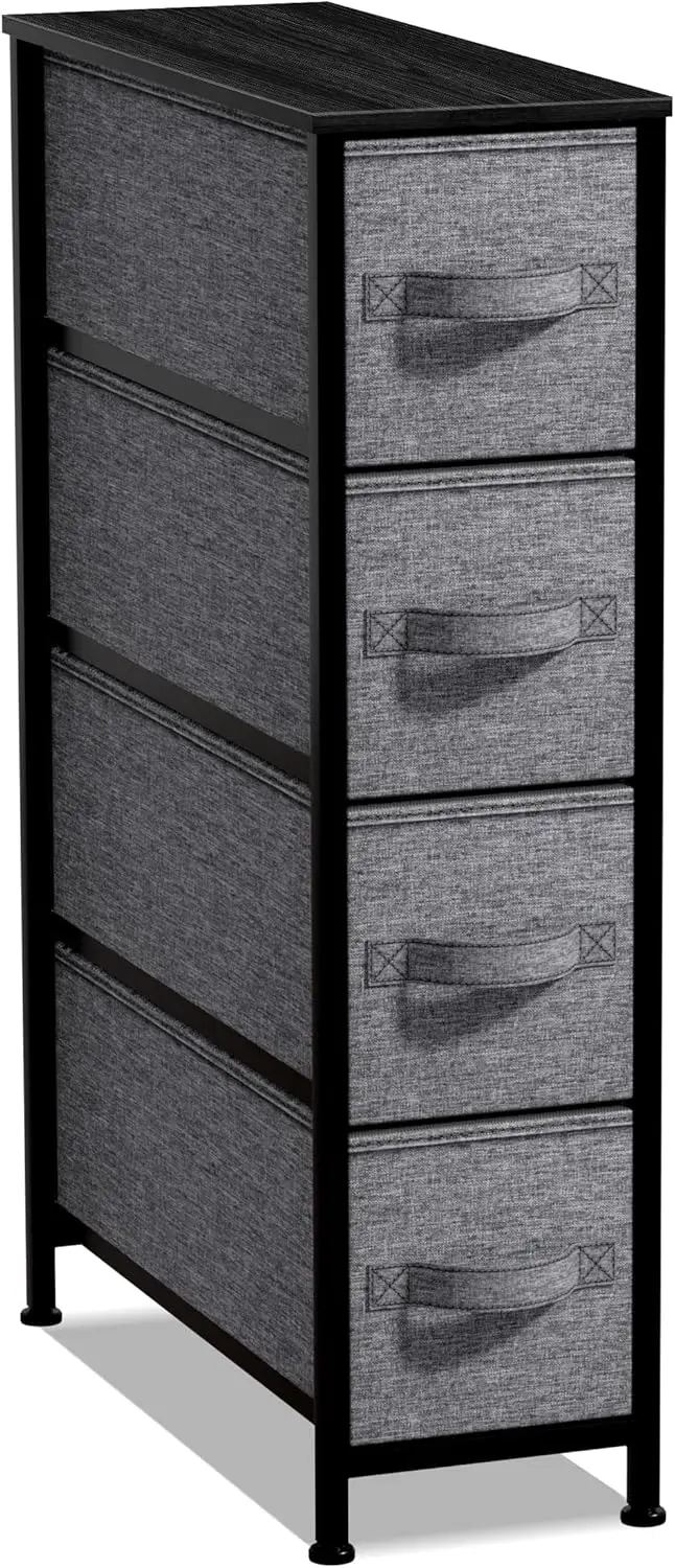 Narrow Dresser with 4 Drawers - Vertical Slim Storage Chest of Drawers with Steel Frame, Wood Top & Easy Pull Fabric Bins