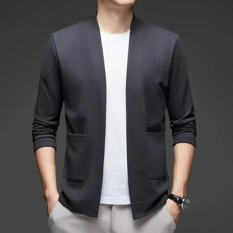 Immagine 4: Nuova Giacca Mantellina a Maniche Lunghe da Uomo, Tinta Unita, in Maglia, Comoda e alla Moda, Versatile per Tutte le Stagioni