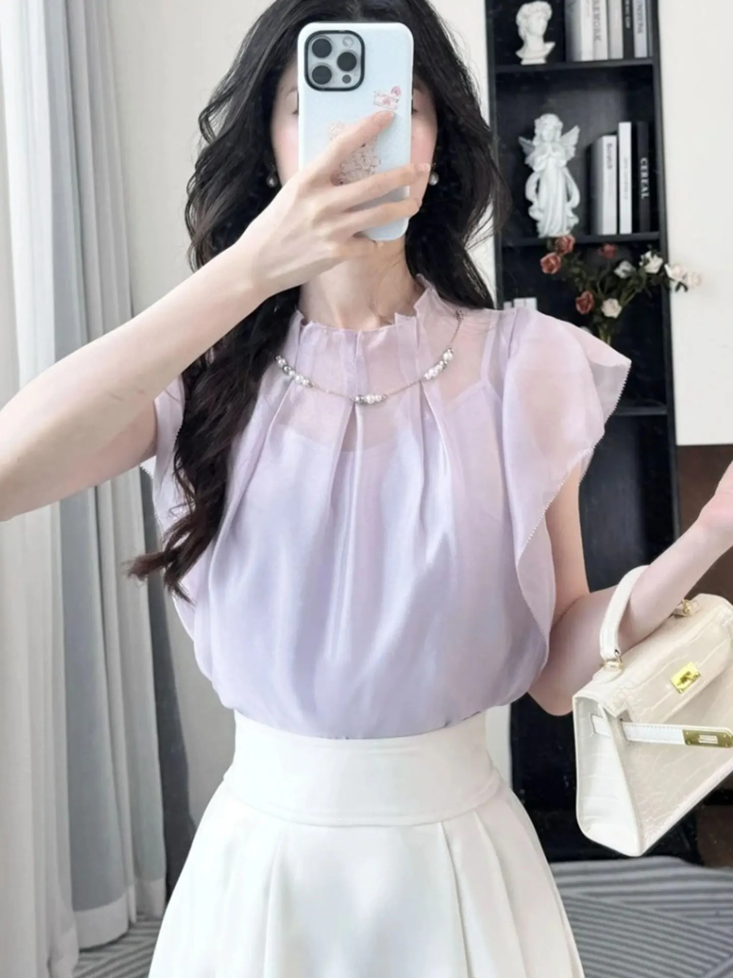 

Ele Lightweight Chiffon irt Faionable Summer 2025 Korean Sle Commute Straight Cut Fly Sve Top for Younger Look