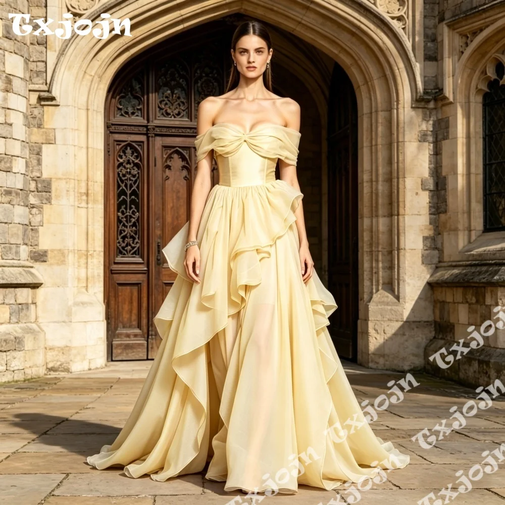 

Элегантное светло-желтое шифоновое платье с открытыми плечами для выпускного вечера, вечернее платье с рюшами для дня рождения, вечеринки, выпускного бала, для подружек невесты, для конкурса красоты