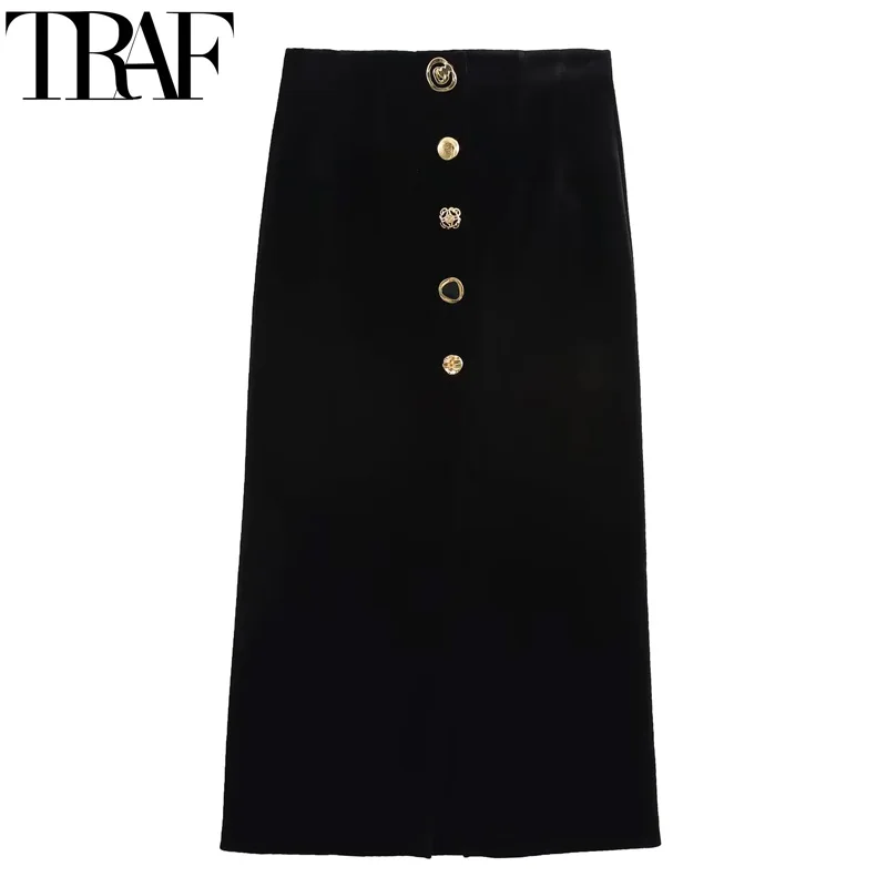 TRAF Womens Skirts Velvet Black Skirt High Waist Elegant Long Skirts For Women Slit Autumn Winter Midi Pencil Skirt Woman