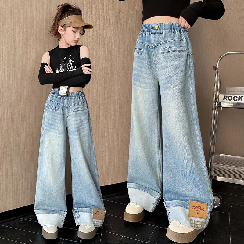 

2025 Autumn New Fashion Cuffed Washed Blue Jeans Comfortable and Stylish Wide Leg Casual Pants