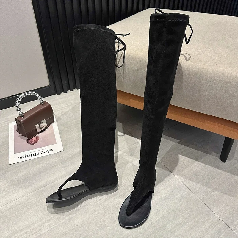 Pleated Boots Women shoes  Flock Knee High Boots 2024 Winter Women Fashion Slip on Square Low Heel Knight Booties Mujer