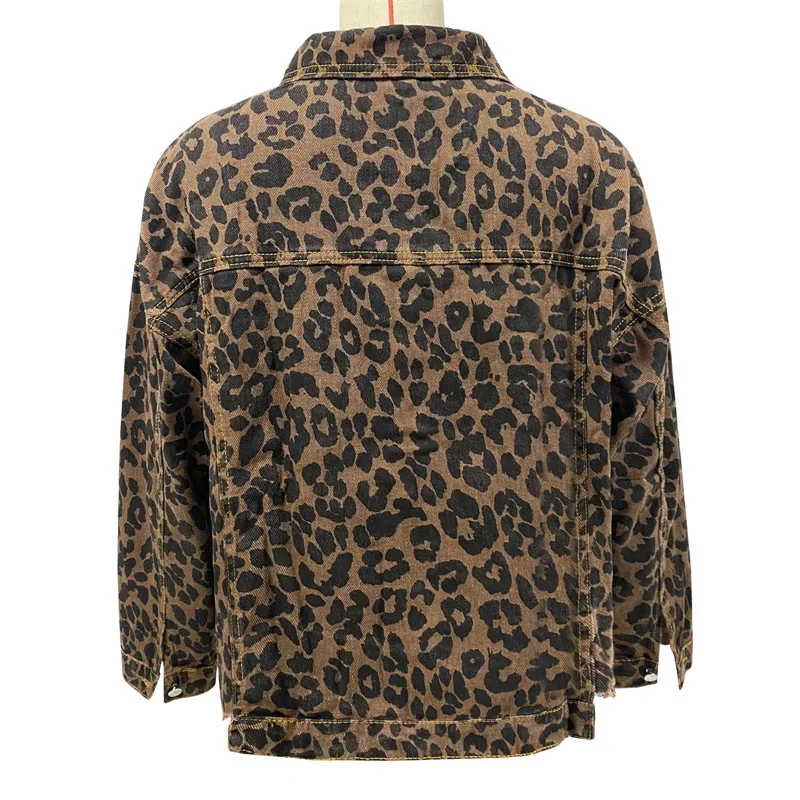 Fashion Leopard Print Tassel Hem Jacket Women Casual Outerwear Female Spring Autumn Lapel Single-breasted Cardigan Denim Coat 24