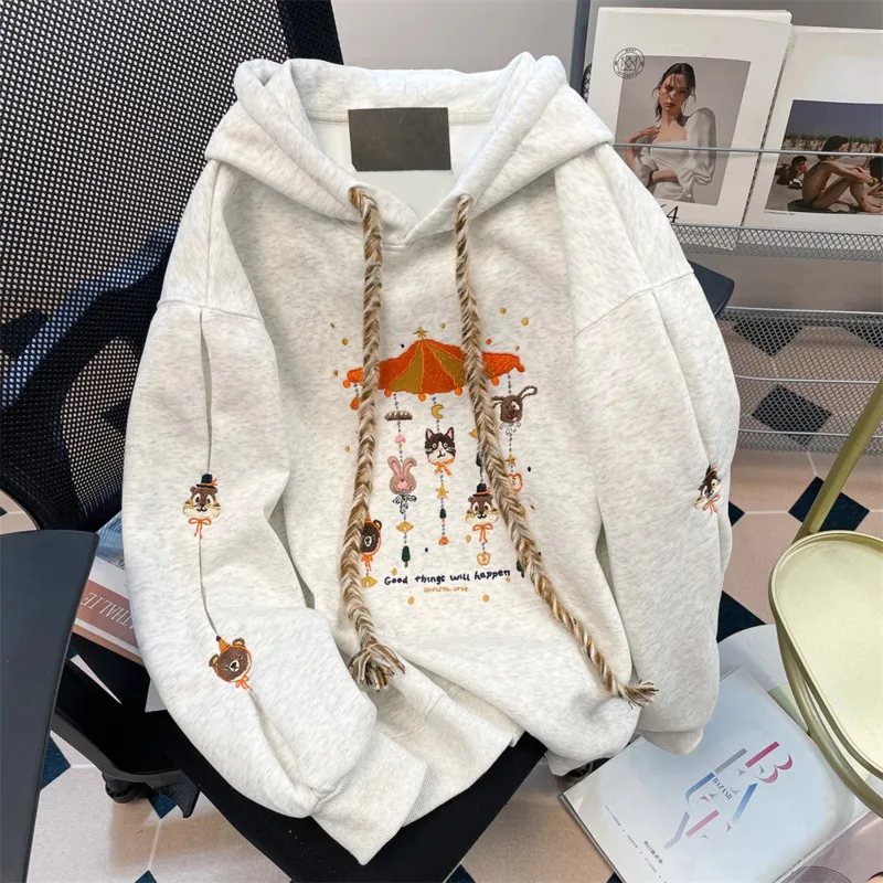 

Женский свободный повседневный пуловер Harajuku Kawaii, уличная одежда, толстовка с вышивкой животных из мультфильмов, осень-зима, утепленная толстовка с капюшоном