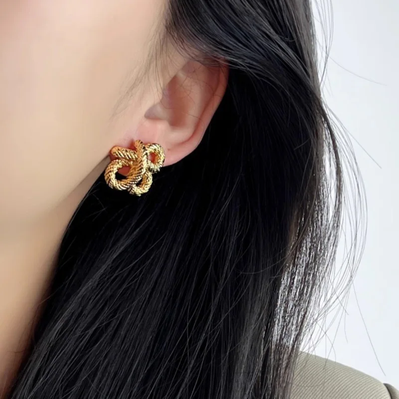New 925 Sterling Silver Stud Earrings Floral Knot String Gold Color Punk For Women Girl Gift Jewelry Dropshipping Wholesale