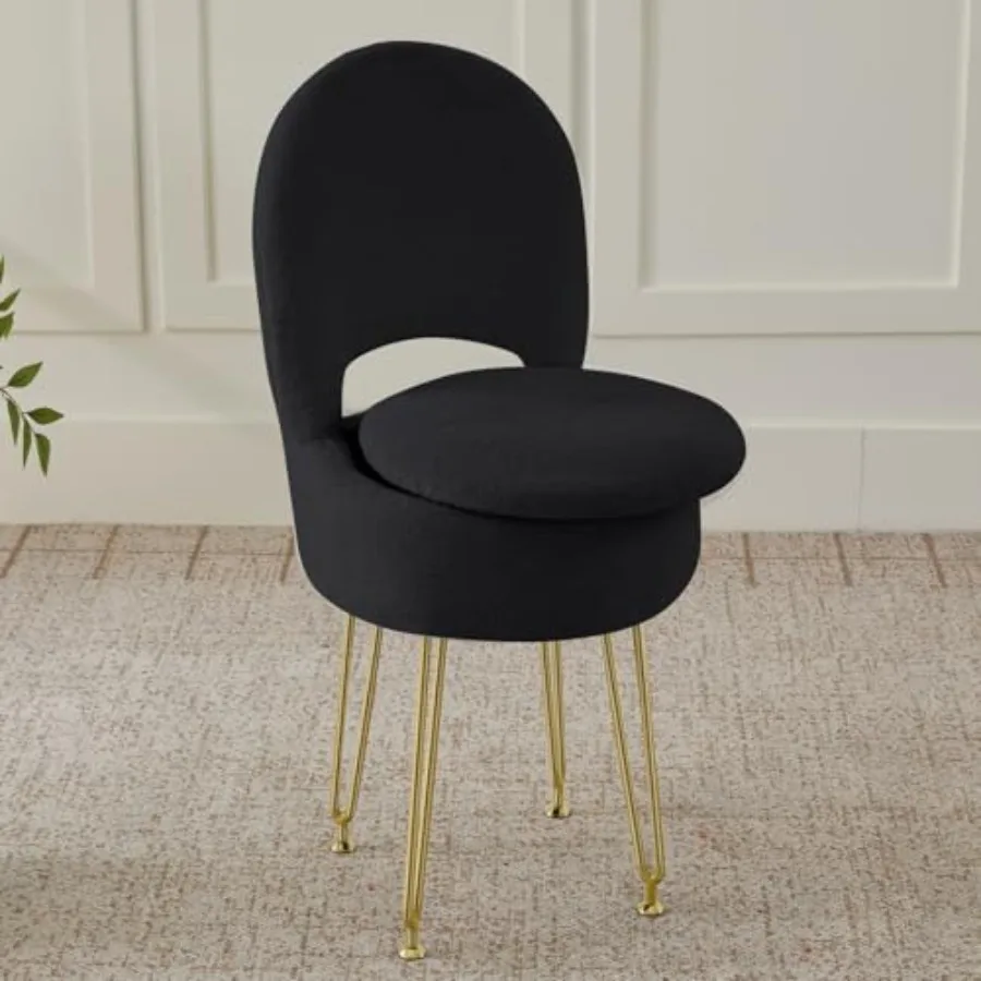 

Vanity Chair with Storage and Folding Back, Faux Fur Round Storage Chair, Vanity Stool Chair with 4 Metal Legs for Bedroom, Liv
