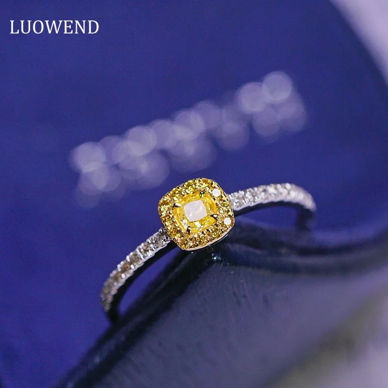 

LUOWEND 18K White Gold Rings 0.40carat Real Natural Yellow Diamond Engagement Ring for Women Wedding Luxury Square Design