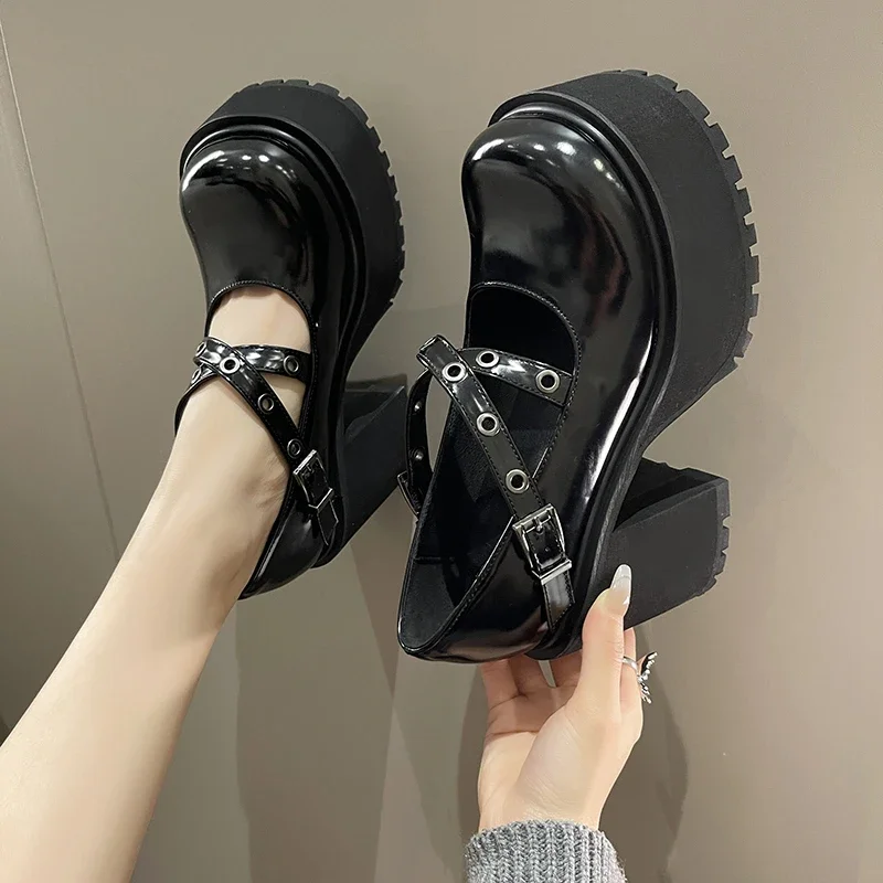 Round Toe Thick Heels Women\'s Shoes Spring Autumn New 10CM Thick High Mary Jane Small Leather Shoe Black Buckle Belt Cross Pumps