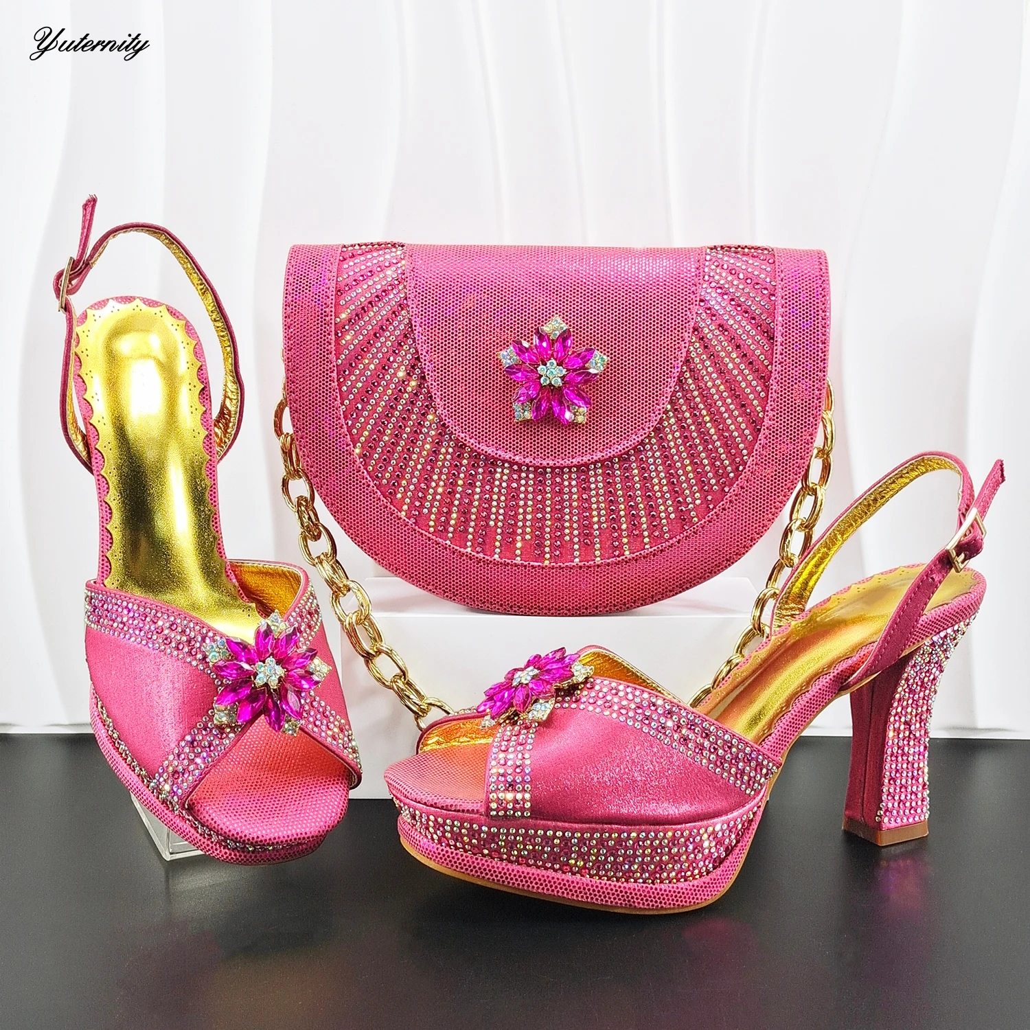 New Arrival Hot Sale Rhinestone Sandals Shoes And Bag Set For Wedding Italian Style Women High Heels Party Shoes And Bag Set