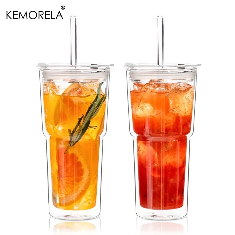 

2PCS 590ML Double-Wall Borosilicate Glass Tumblers with Lids And Straws for Matcha Iced Latte Smoothies Water Insulated Cups