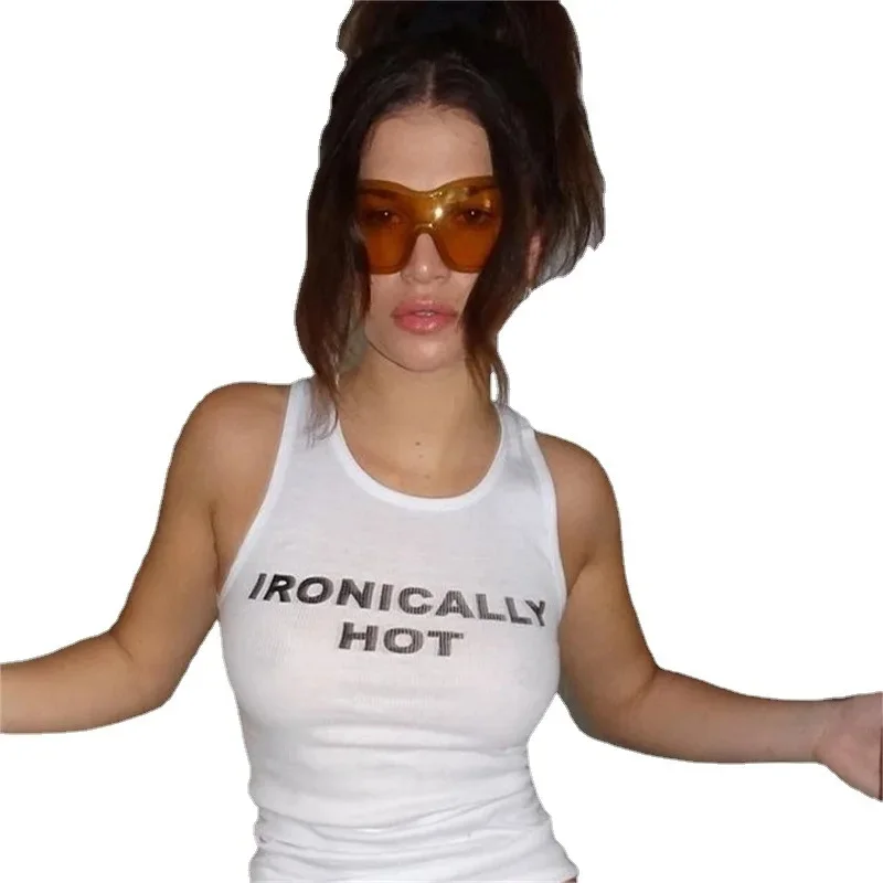 夏セクシーな Y2K レタープリントクロップトップ女性用、ファッショナブルなノースリーブスリムフィットクールガール原宿ストリートウェアレトロゴシック T