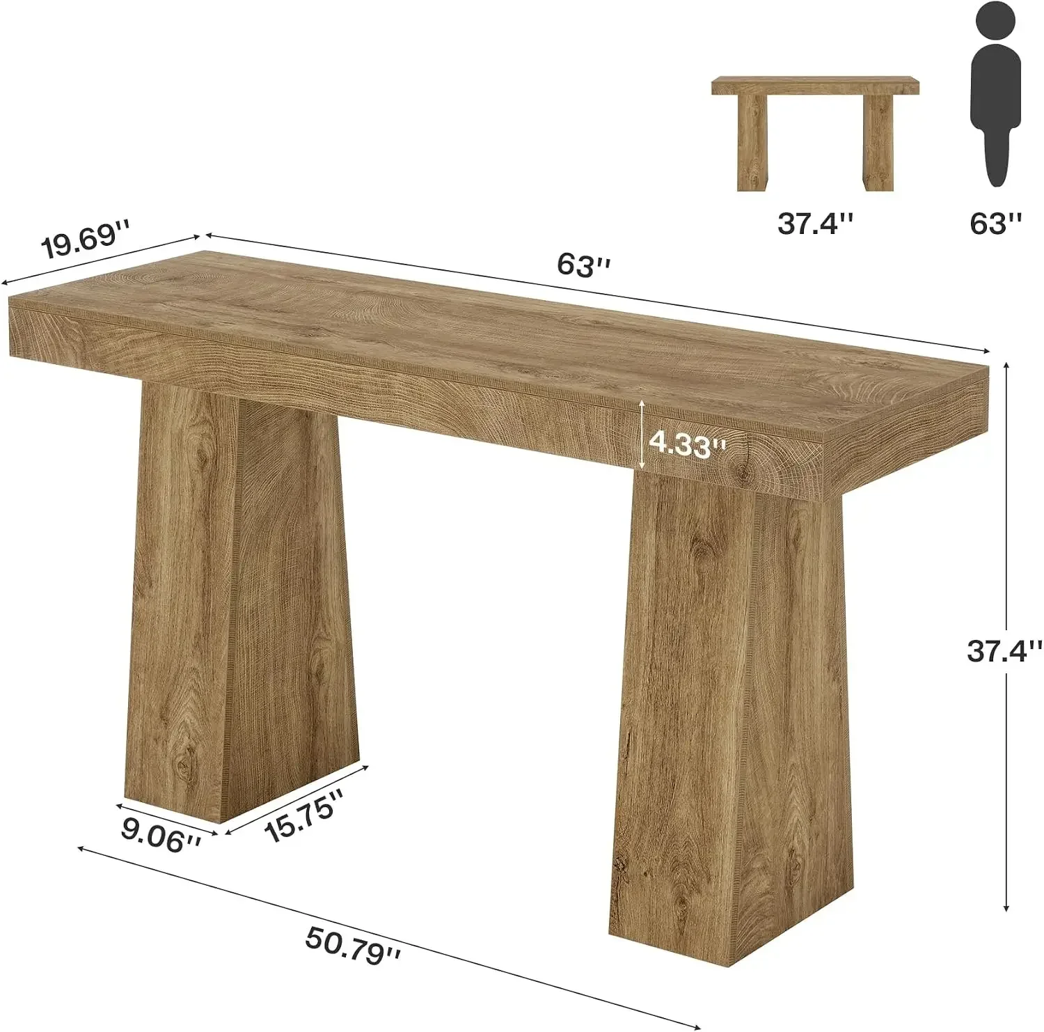 63-Inch Bar Height Table, Wood Rustic Counter Height Table, Rectangular Home Bar with Thickened Tableop and Sturdy Base for