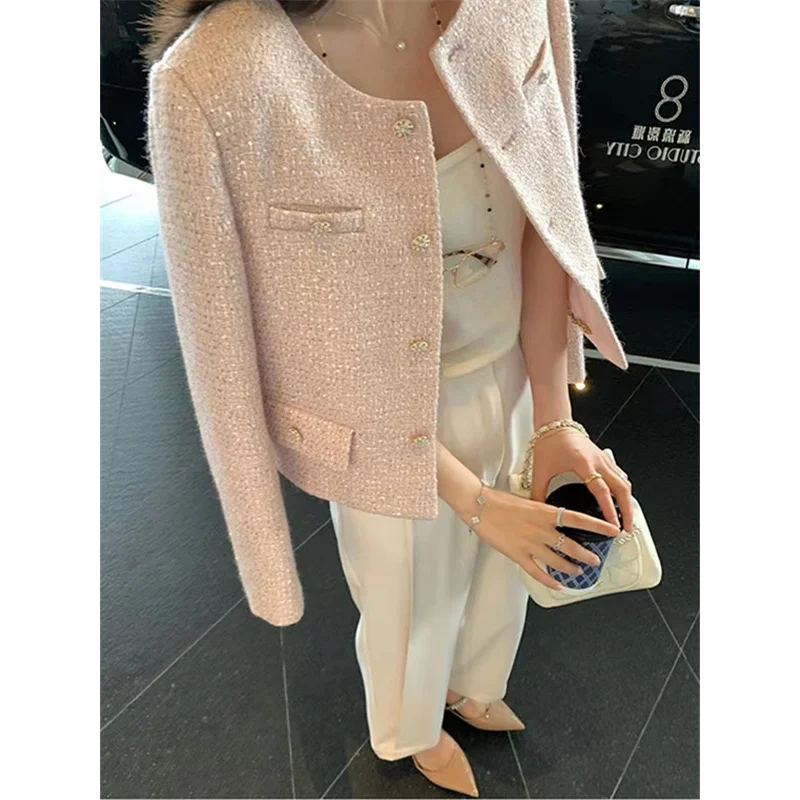 Imagem -04 - Cabolsa Curto de Lantejoulas Feminino Fragrância Pequena Rosa Claro Simples Doce Elegante Escritório Chique Cabolsa de Tweed Feminino Outono Inverno Novo 2023