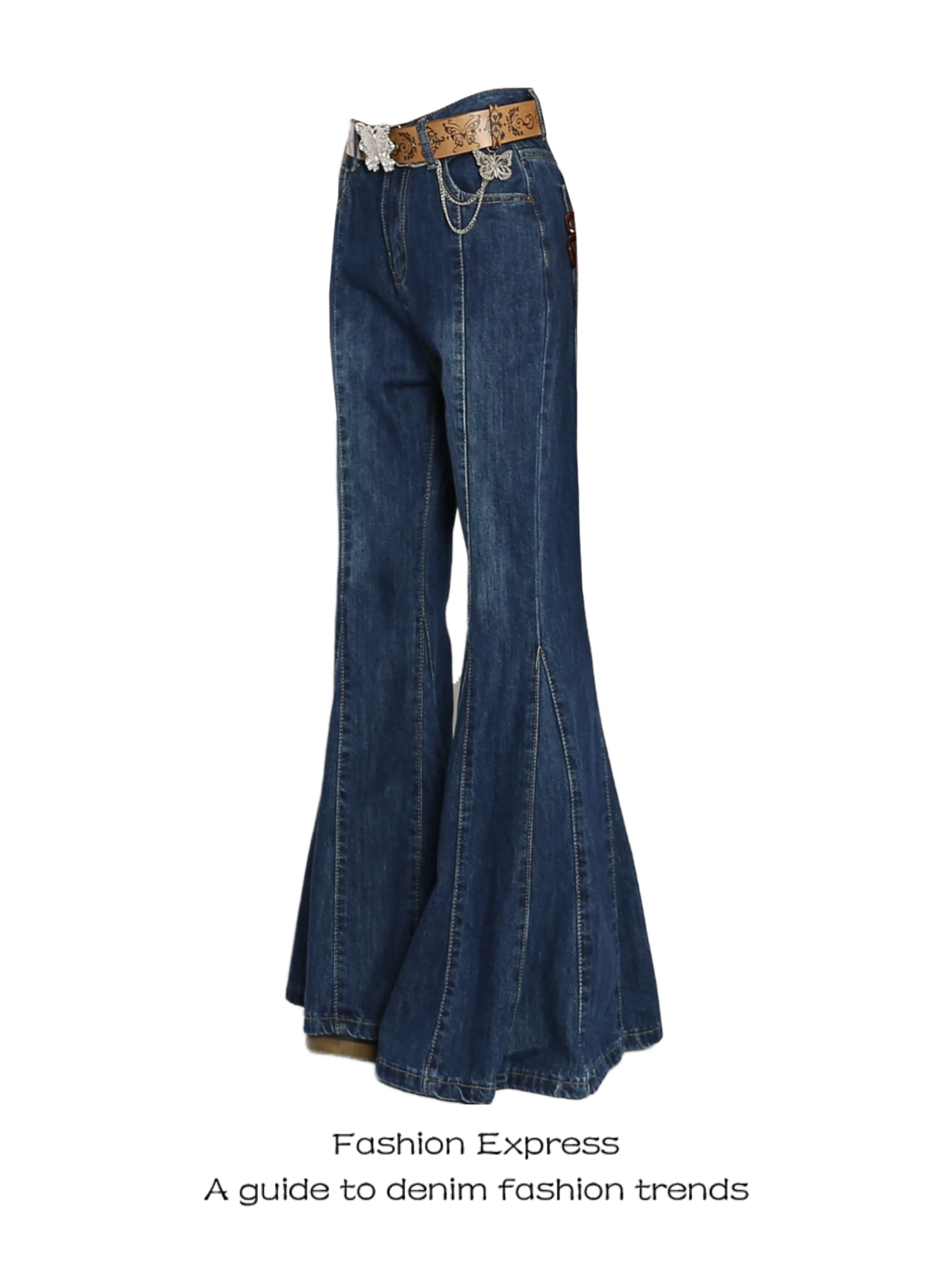 

High Waist Bell Bottom Denim Jeans Women's Spring Autumn Fish Tail Vintage Blue Slimming Trousers Trendy Ladies Jeans