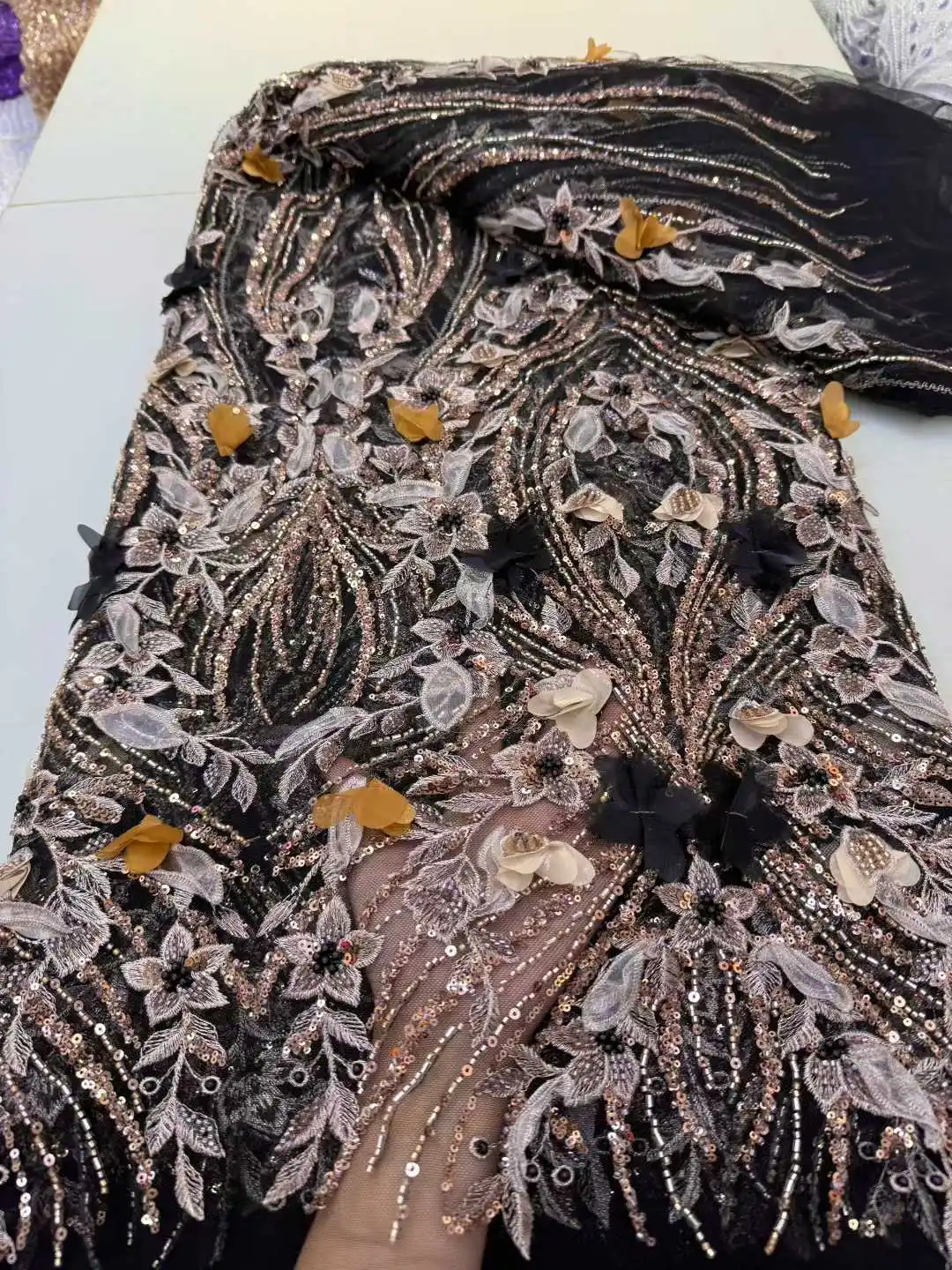 Tela de lentejuelas de encaje de malla africana, para coser, ropa, flores, tul, vestidos de novia, bordados, telas por metro, manualidades, 5 yardas