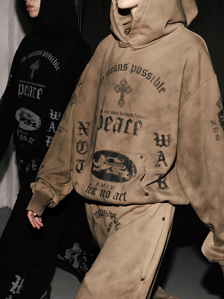 سترة بقلنسوة مطبوعة بأحرف أمريكية مصبوغة، سترة فضفاضة للشارع للنساء، كاجوال مريحة من القطن، معطف طويل Sve