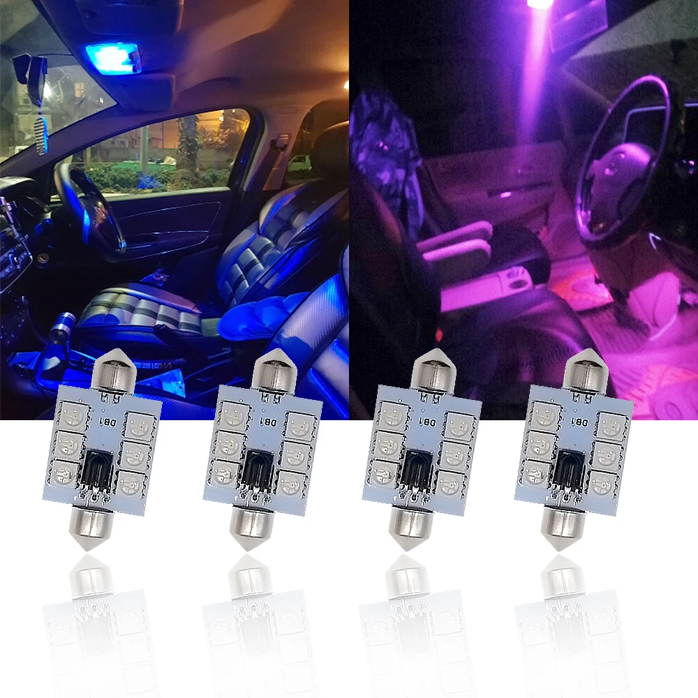 2X C5w Car Led RGB 5050 6SMD 41mm Festoon Dome Car Door Lights Automobile Remote Controller Colorful Lamps Roof Atmosphere Bulbs