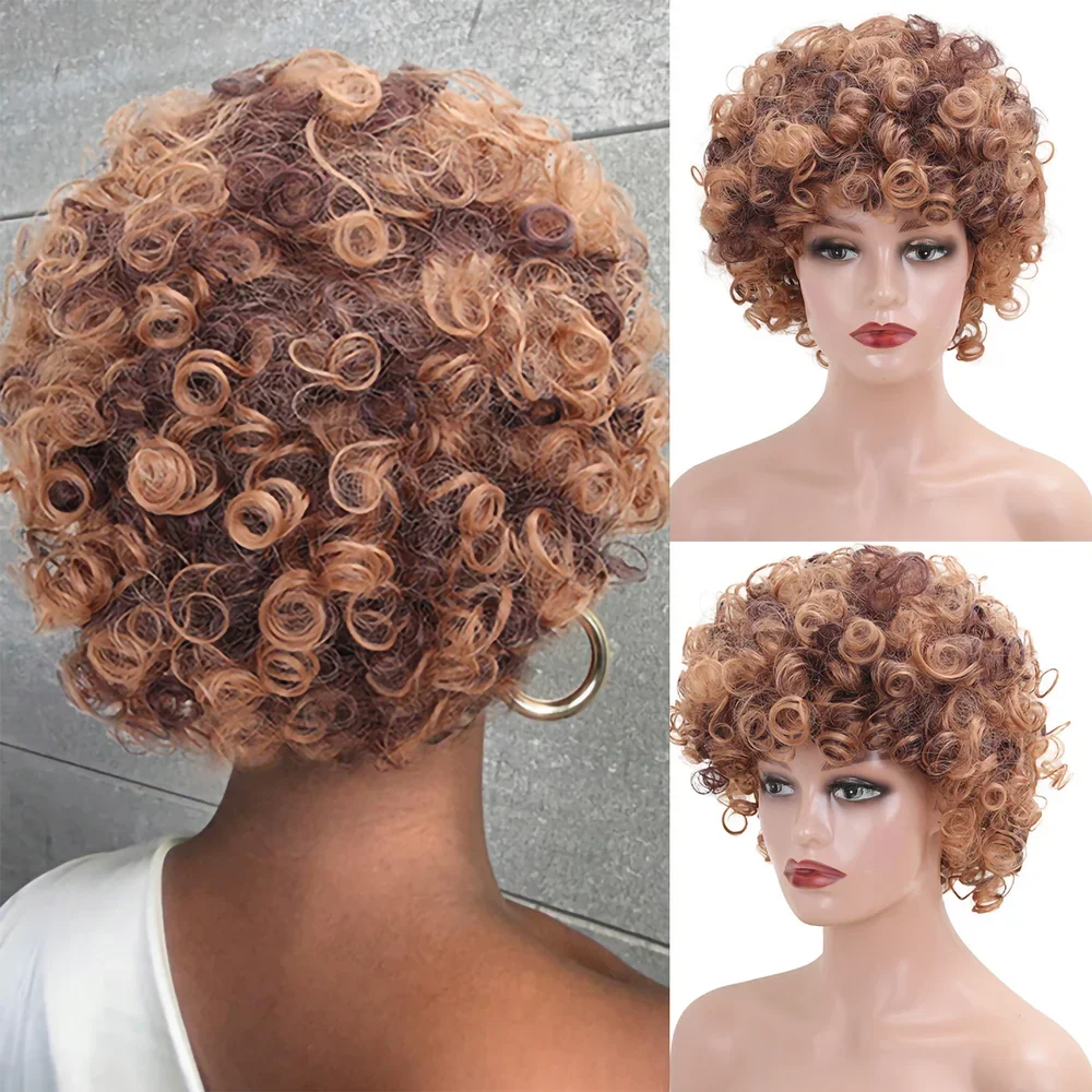 

Kinky Curly Bomb Synthetic Wigs Short Bob Golden Brown Afro Wig with Bangs Deep Wave Hair for Black Women Brazilian Daily Use