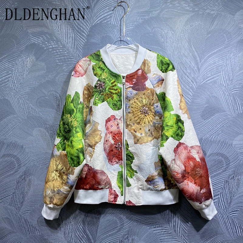 

DLDENGHAN Autumn Crystal Diamonds Coat Women's O-Neck Long Sleeves Floral Print High Street Jacket Fashion Designer