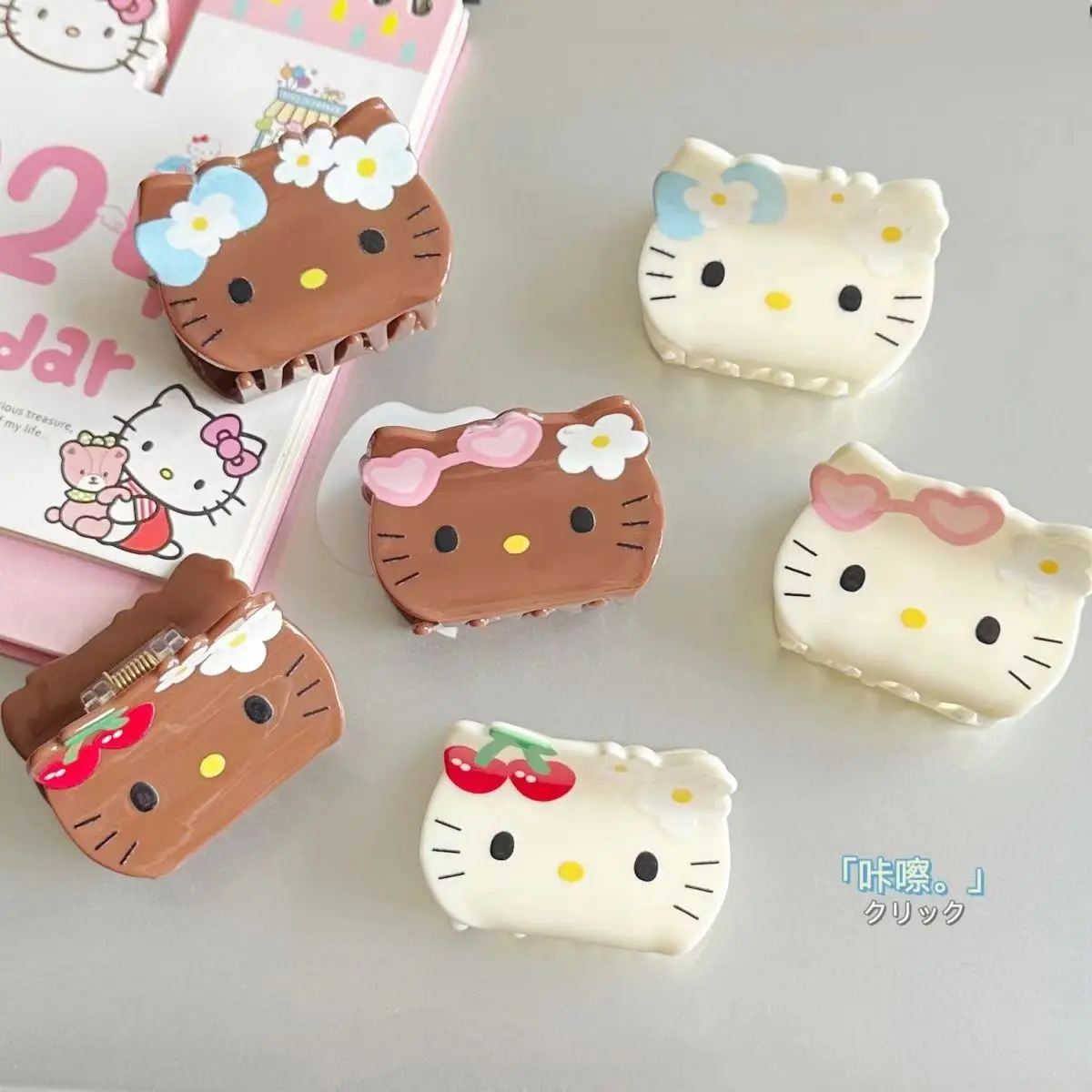 Hello Kitty Sanrio مشابك شعر للنساء ، أبيض ، بني ، كاواي ، الصيف ، مخالب شعر ، فتيات ، أكريليك ، أغطية رأس ، أطفال ، جديد