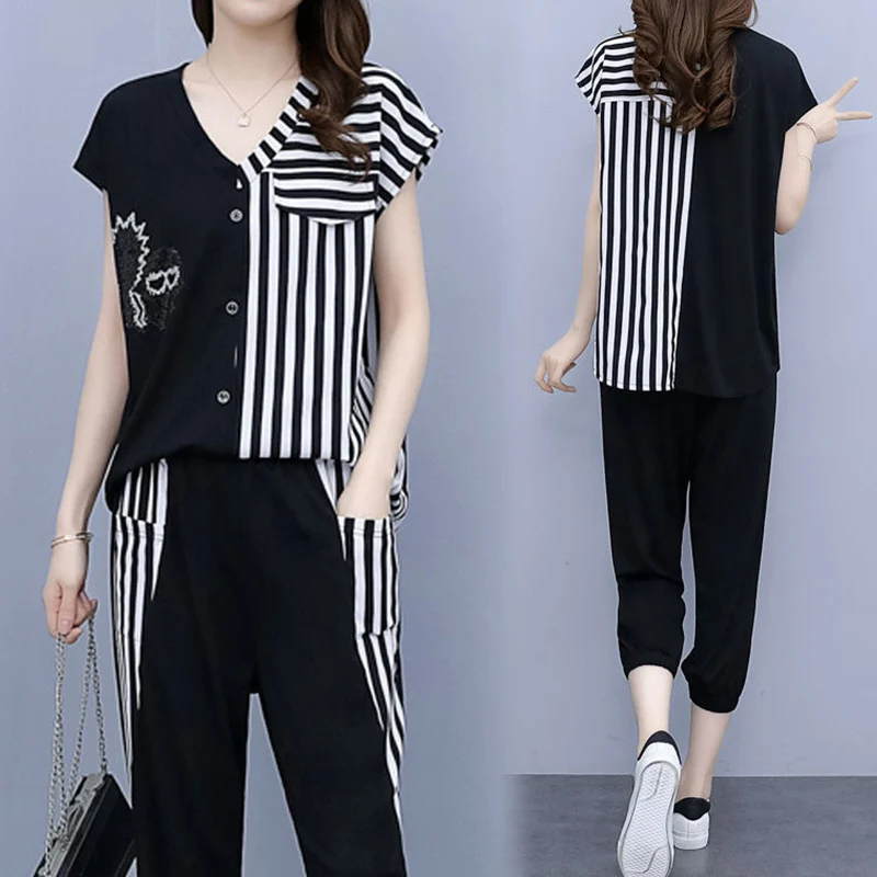 Casual Fashion Striped Short Sets Summer 2023 New V-Neck Short Sleeve Shirt Elastic Waist Ankle-Length Pants Loose Women\'s Sets