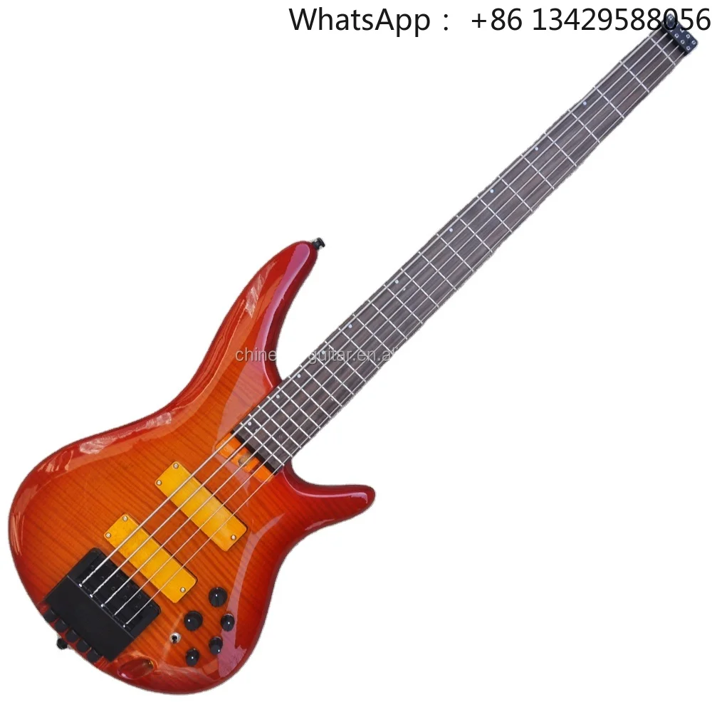 Flyoung Headless Electric Guitar Cherry Sunburst 5 Strings Bass Guitars Stringed Instrument Mahogany Body