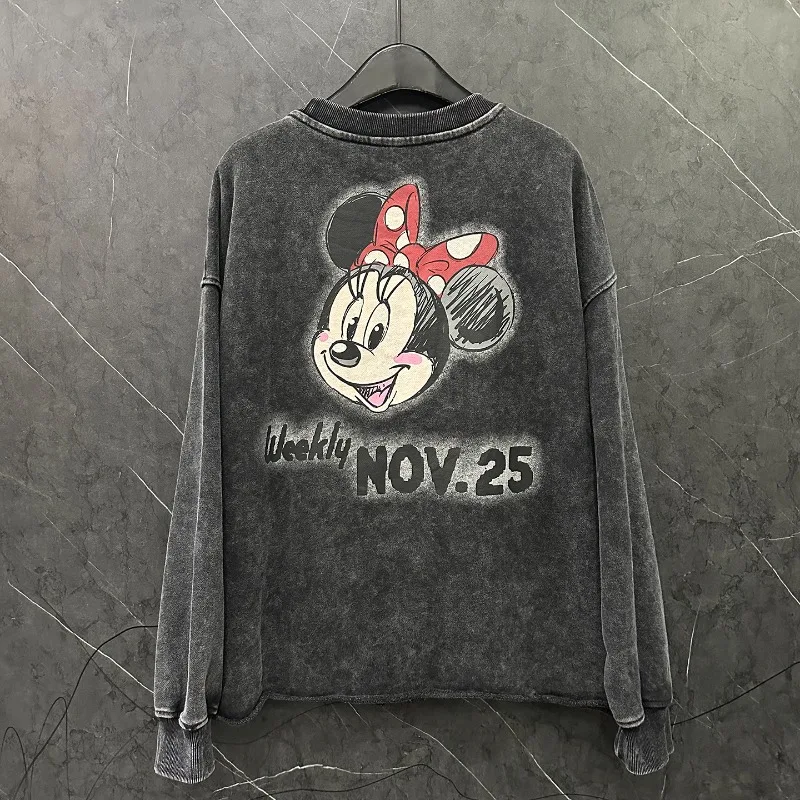 Autumn Heavy Industry New Style Strap Fake Two-Piece Cartoon O-Neck Sweatshirt Women's Loose Casual Versatile Pullover Hoodies