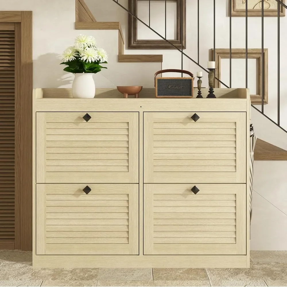 

Shoe Storage Cabinet w/4 Flip Drawers, Narrow Shoe Cabinet Entryway Freestand Shoe Rack Organiz for Hallway Bedroom Living Room