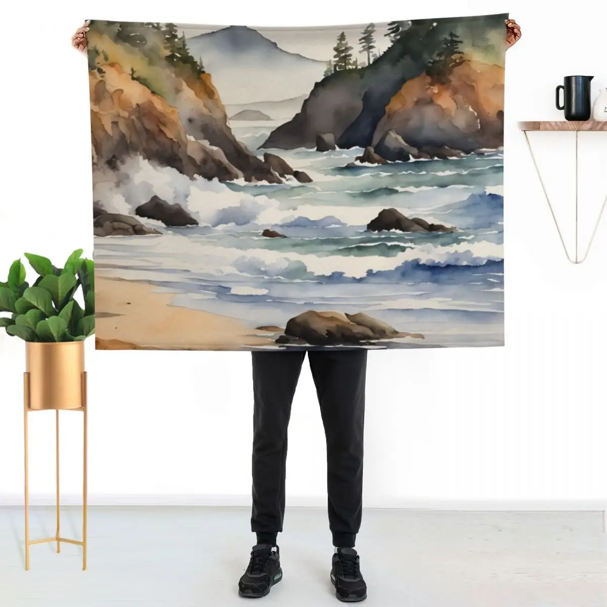 Oregon Coast Watercolor Beach Scene Throw Blanket halloween Luxury Designer Hairy Soft Big for winter wednesday Blankets