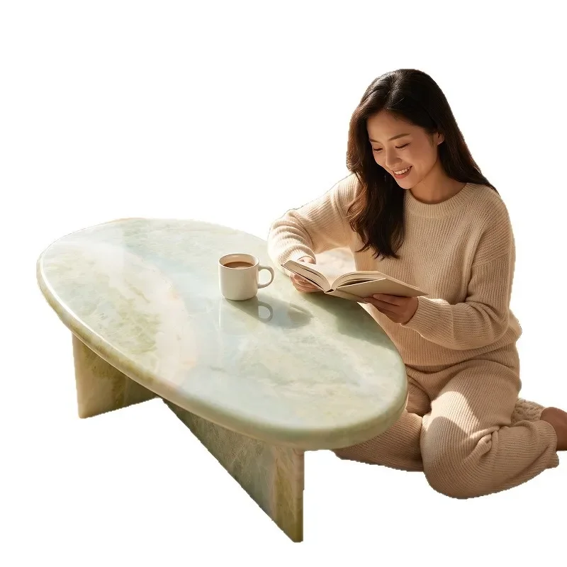 Natural Green Jade Coffee Table Water Drop Shape T Base Rough Stone Tea Table for Living Room Home Decor