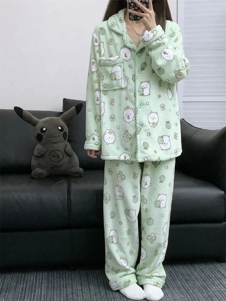 

Mint Green Self deprecating Bear Anime Series Thickened Set Home Clothes Autumn/Winter Cartoon Casual Cute Women's Pajamas