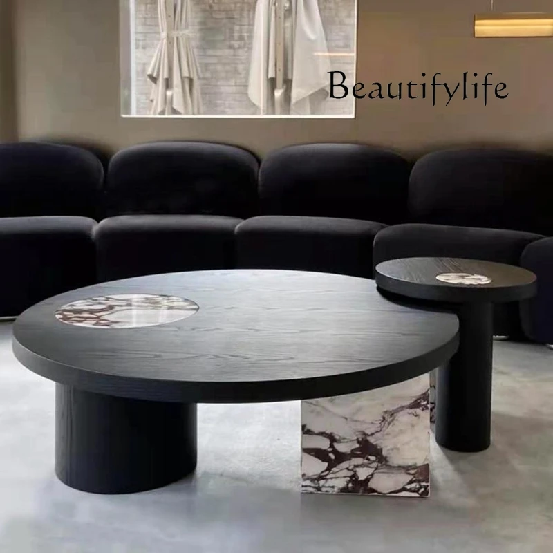 

Italian Minimalist Stone Plate Designer Living Room round Coffee Table Household Solid Wood Coffee Table Combination