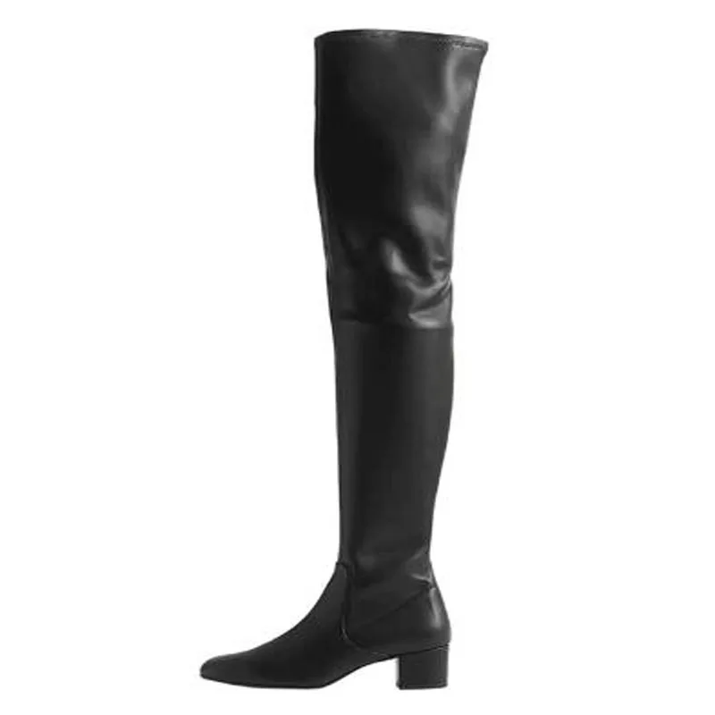 Drop Shipping Women Fashion Black Brown Solid Matte Leather Square Toe Hidden Zipper Med Heels Over The Knee Boots Thigh Boots