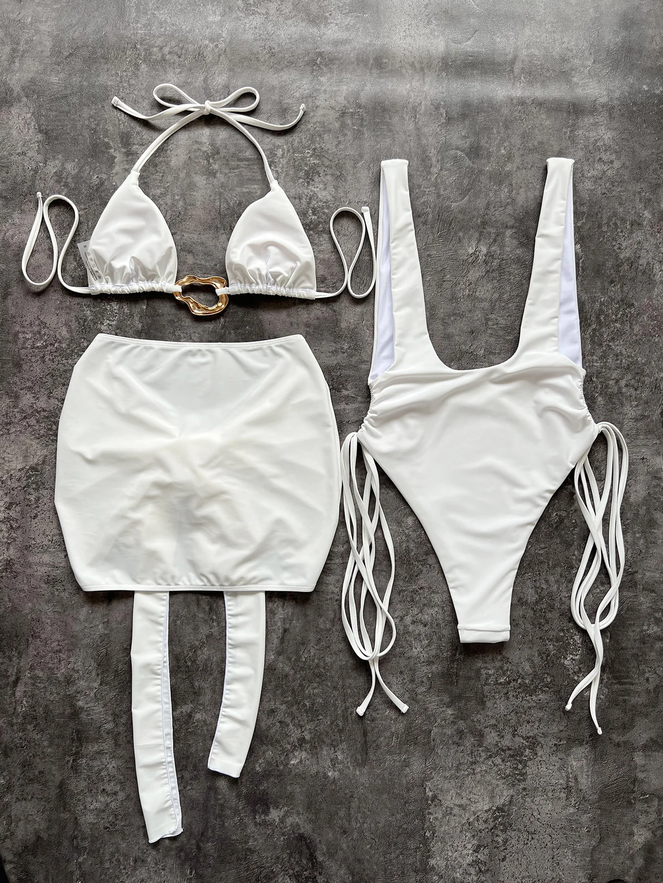 Melphieer new summer swim vacay women's irregular metal buckle lace-up 3 piece bikini set hollow swimsuit skirt beachwear outfit