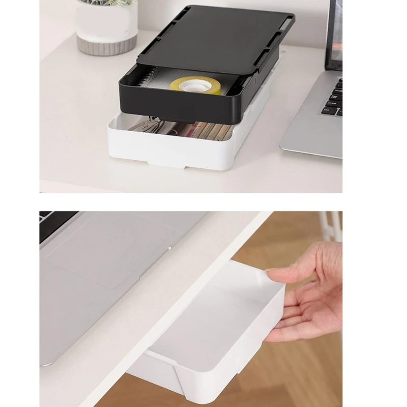 2 ชิ้นติดตั้งง่ายลิ้นชักที่มองไม่เห็นกล่องเก็บใต้โต๊ะลิ้นชักเก็บของ Drop shipping