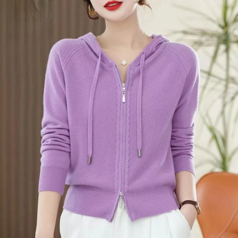 Women Hooded Knitted Cardigan Long Sleeve Sweater Sweatshirt Coats Zipper Cardigan Korean Fashion Tops Spring Autumn Jacket