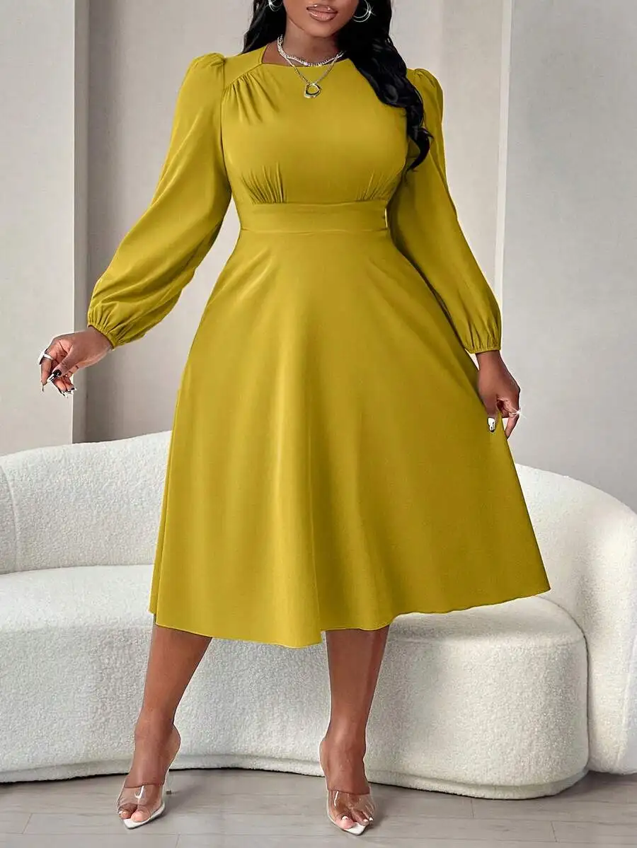 Elegant Long Sleeve Flared Midi Dress For Women Green